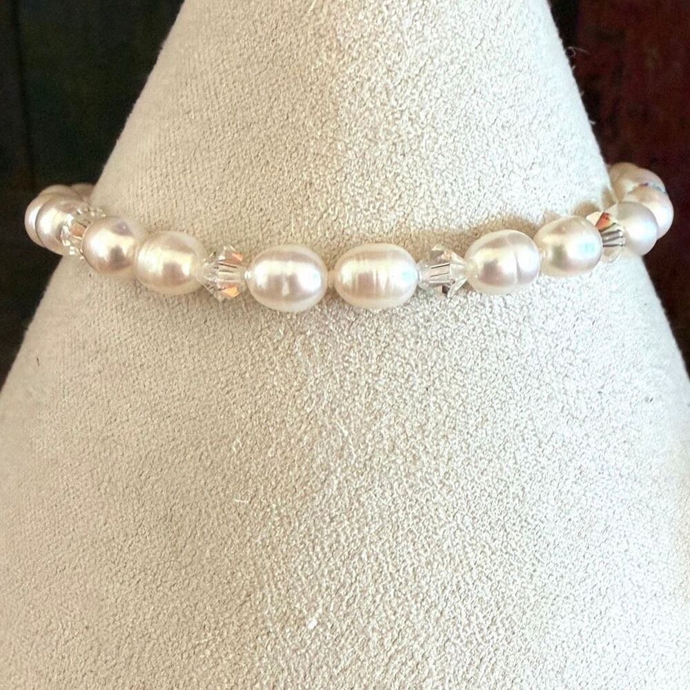 Sterling Silver Freshwater Pearl & Crystal Bracelet 925 Swarovski Accents